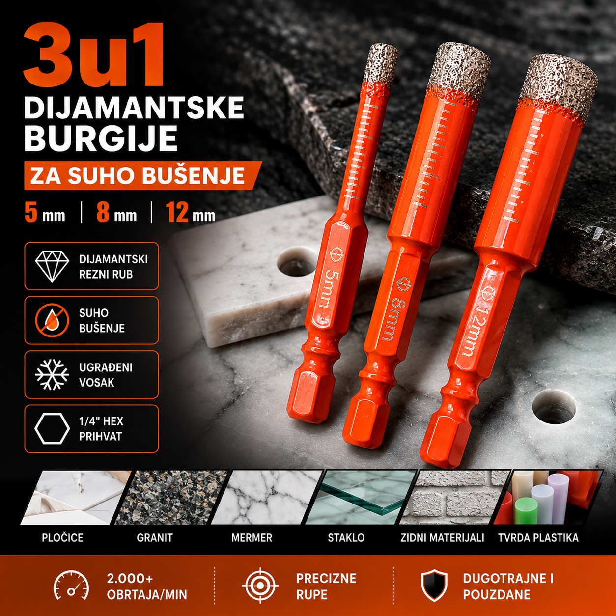 Set dijamantskih burgija za suho bušenje 3u1