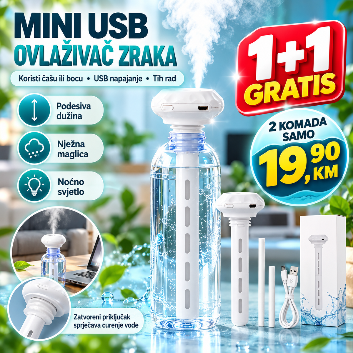 Mini USB Ovlaživač Zraka 1+1 GRATIS