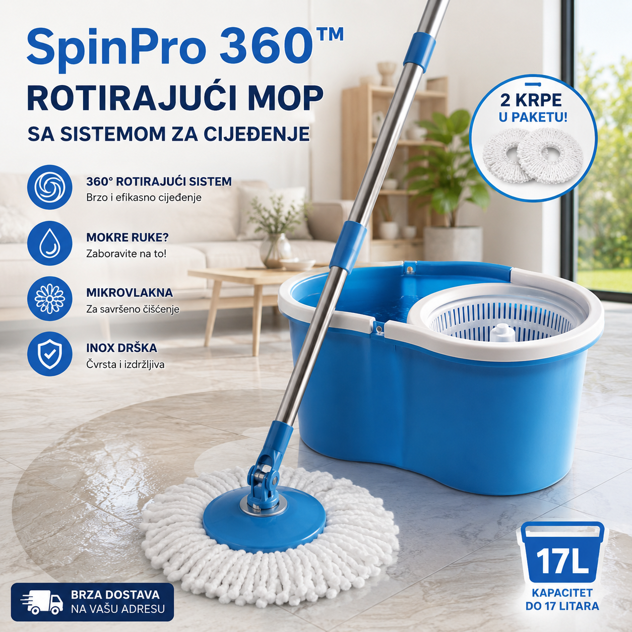 SpinPro 360™ – Rotirajući Mop sa Sistemom za Cijeđenje