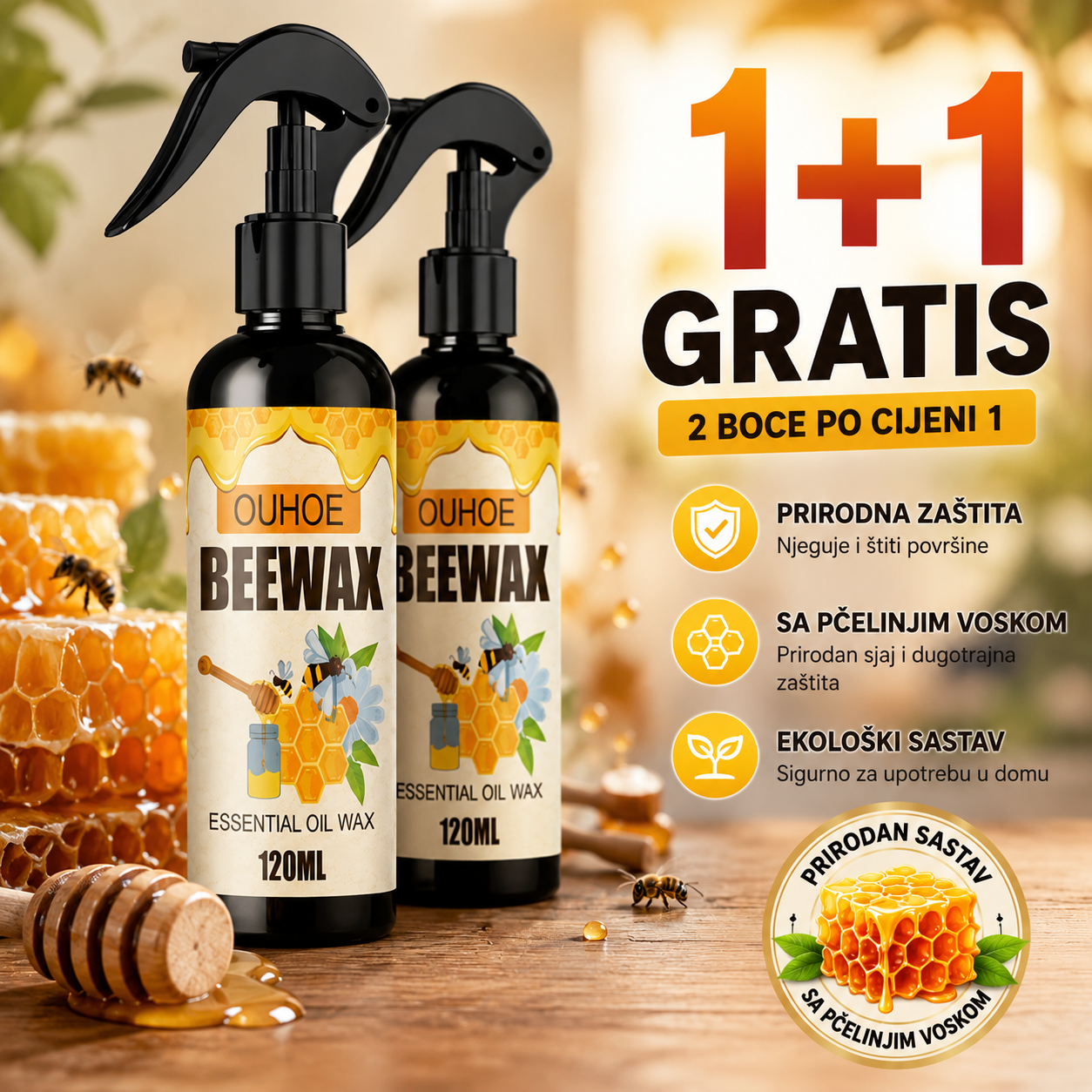 Sprej za Poliranje Drvenih Površina od Pčelinjeg Voska (1+1 GRATIS)