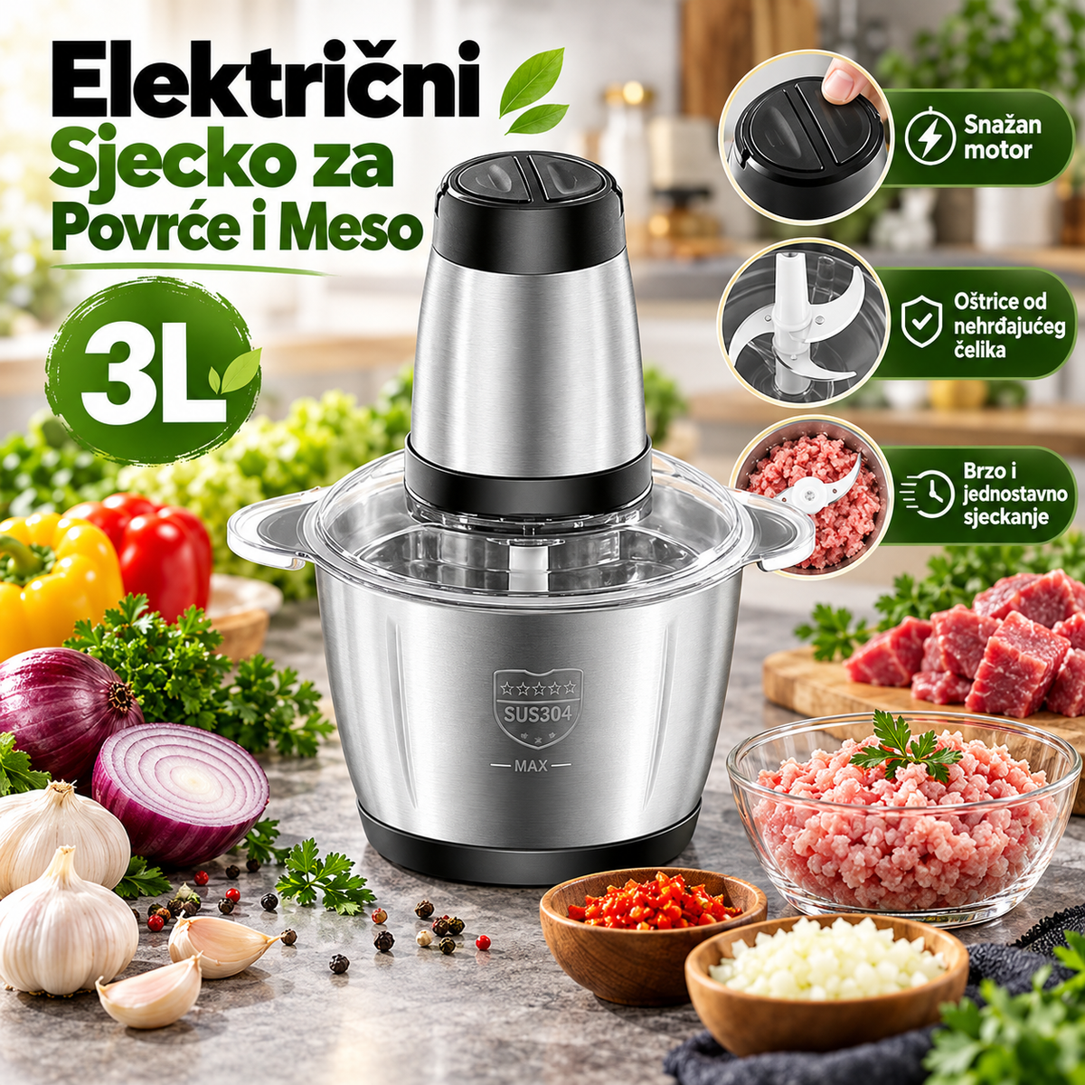 Električni Sjecko za Povrće i Meso – 3L