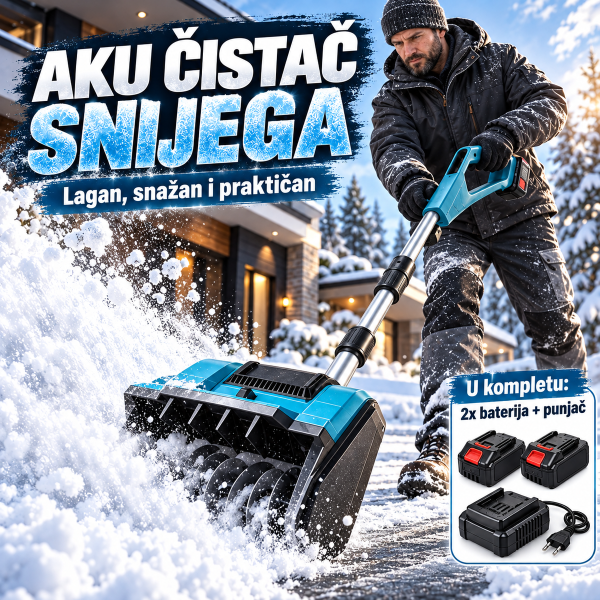 Aku čistač snijega sa 2 baterije i punjačem