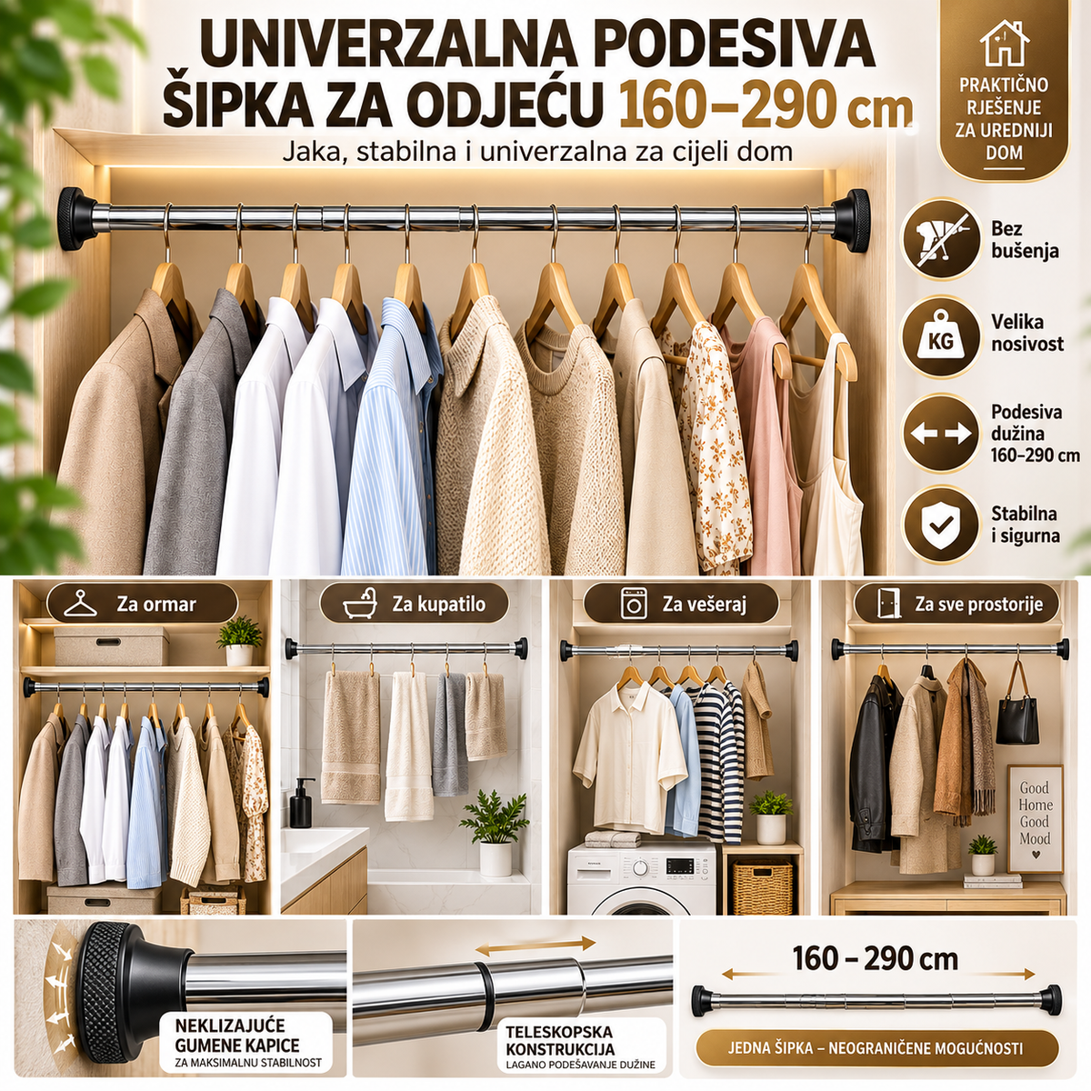Univerzalna Podesiva Šipka za Odjeću 160–290 cm