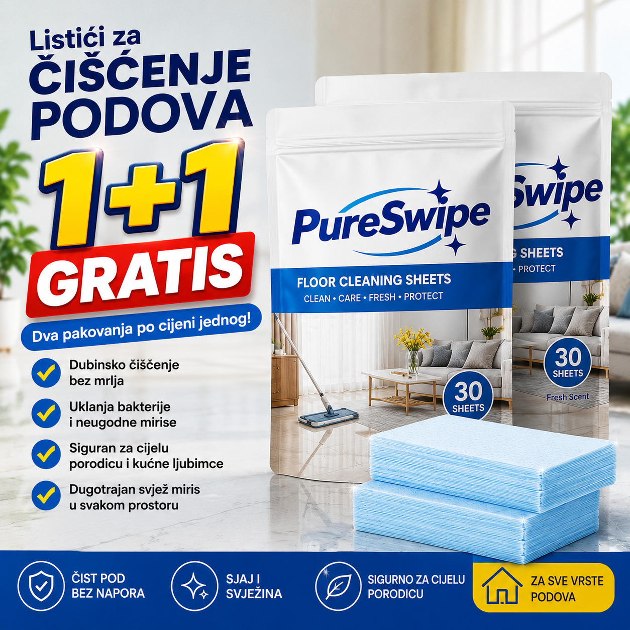 PureSwipe™ Listići za Čišćenje Podova – 1+1 GRATIS (60 Komada)
