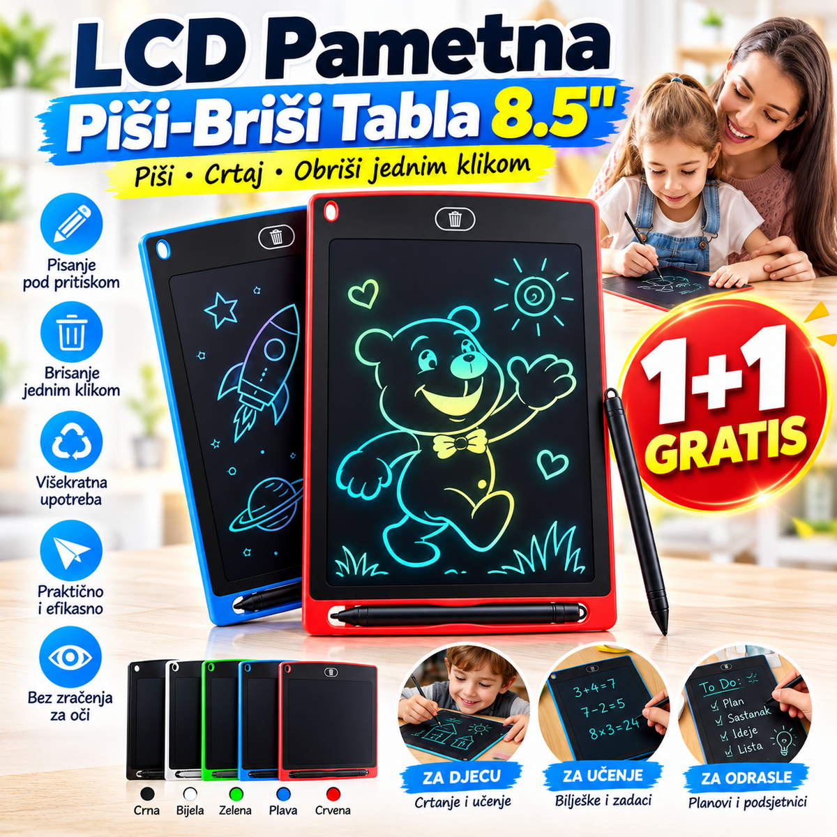 LCD Pametna Piši-Briši Tabla (1+1 GRATIS)